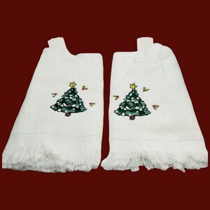 Vtg Christmas Tree Embroidered Fingertip Tea Towel Kitchen Set Holly White NOS